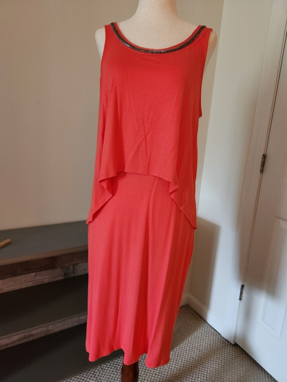 Juicy Couture Coral Sleeveless Layered Midi Dress with Embellished Neckline